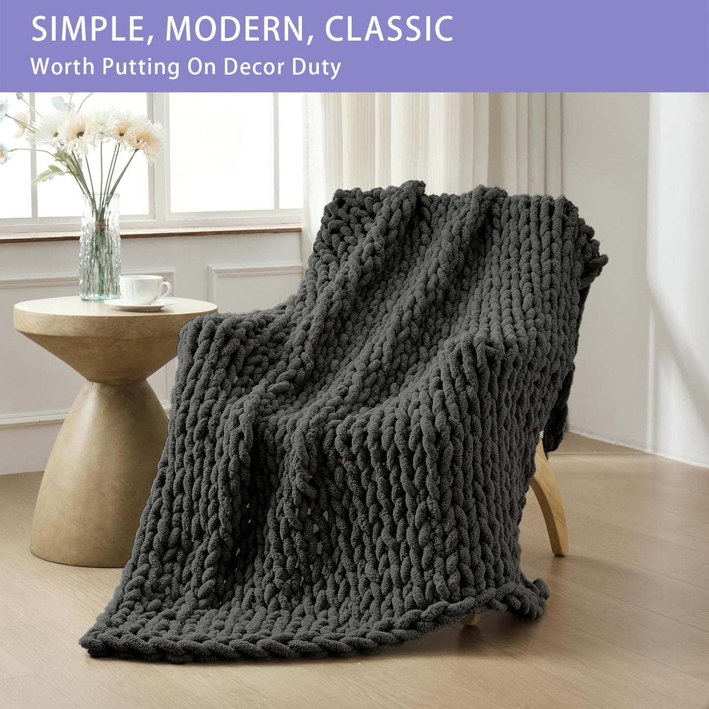 Bigacogo Chunky Knit Throw Blanket for Couch, 51x63 inches, 100% Hand Knitted with Thick Jumbo Chenille Yarn, Cozy Soft Large Rope Knot Cable Crochet Blankets for Sofa Bed Living Room, Dark Grey