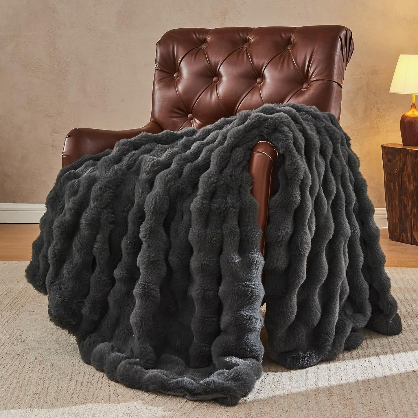 Lotus Karen Faux Fur Blanket Dark Gray Twin Size - Big Bubble Rabbit Fluff Throws for Couch Small Fluffy Fuzzy Cozy Thick Furry Plush Shaggy Blankets 60x80 Inches