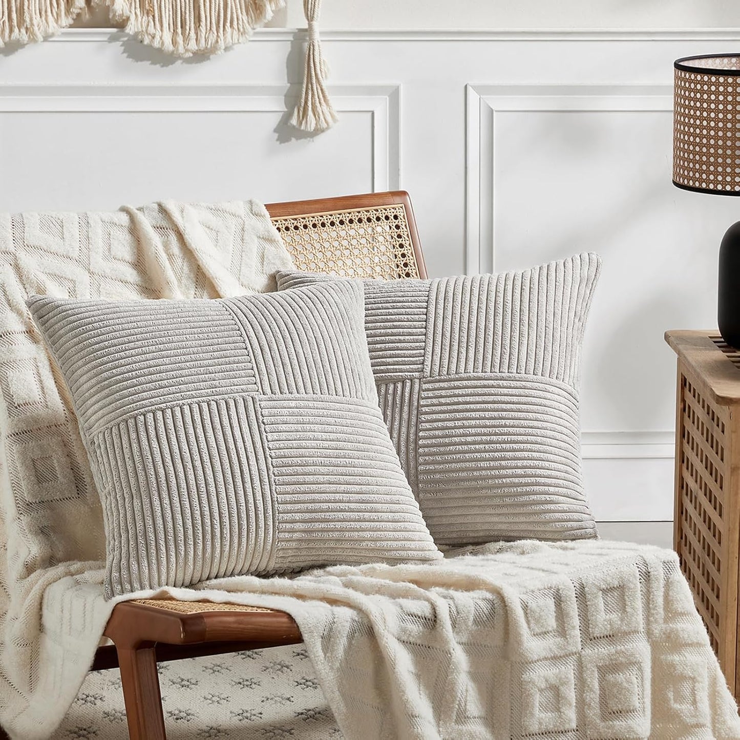 Fancy Homi 2 Packs Neutral Grey Big Decorative Throw Pillow Covers 24x24 Inch for Living Room Couch Bed, Rustic Farmhouse Boho Home Decor, Soft Corss Corduroy Patchwork Accent Square Cushion Case 60cm