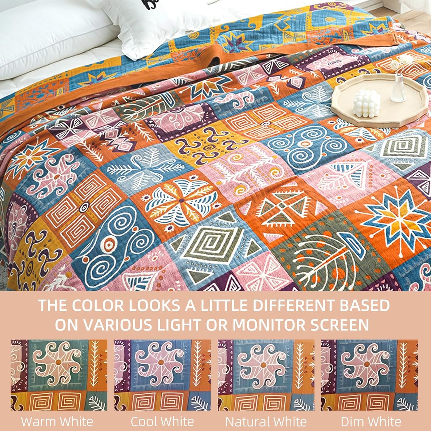 Boho Throw Blanket for Bed - 100% Pure Cotton Ultra Soft Rustic Quilt - Farmhouse Decor Bed Blankets, All Season Rustic Throw for Sofa Couch Chair(60"×80", Art Squares)
