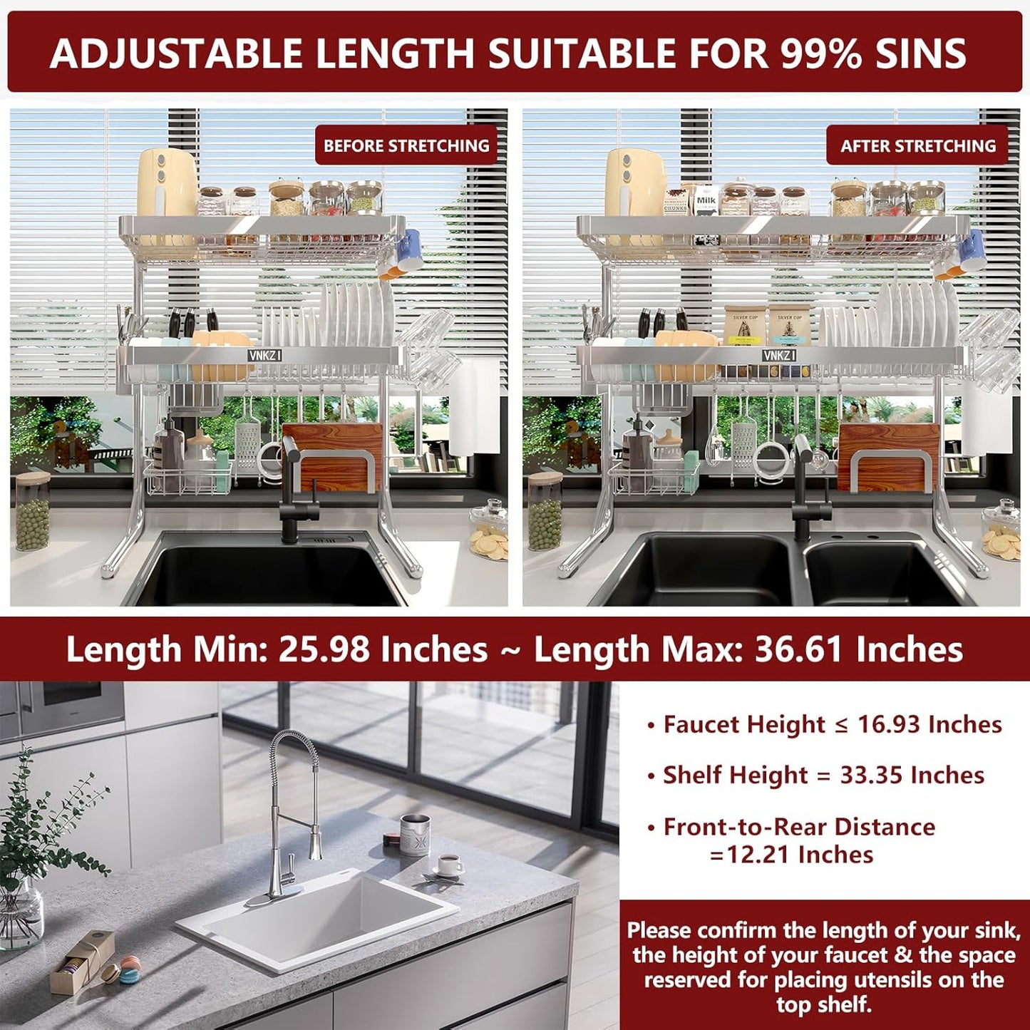 VNKZI Over Sink Dish Drying Rack, 3 Tier Full Stainless Steel Storage Adjustable Length (25.98'' to 36.61'') Kitchen Rack, Multifunctional Expandable Counter Organizer, Space Saver Dish Rack