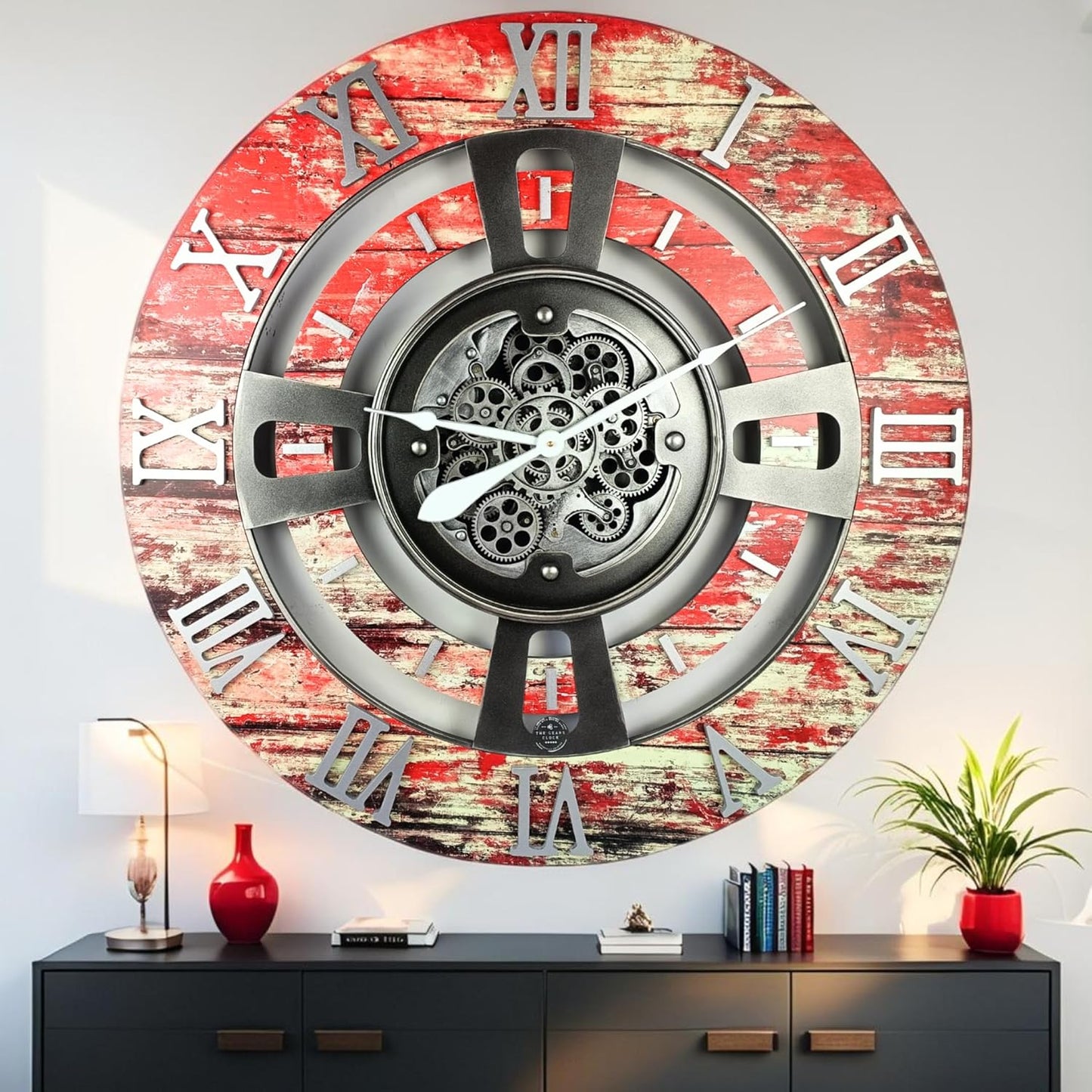 The Gears Clock Real Moving Gear Wall Clock England Line (Red Lava, 36 inches (90 cm))