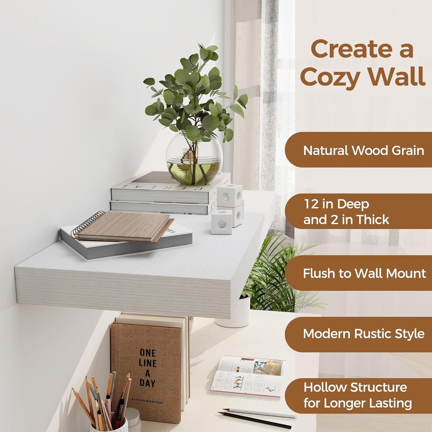 12 Inch Deep White Floating Shelves, 24 x 12 Floating Shelf for Books, Rustic Wood Deep Wall Shelves for Home Storage & Display, 2" Thicked Shelves for Kitchen, Living Room, Bedroom, 1 Pack