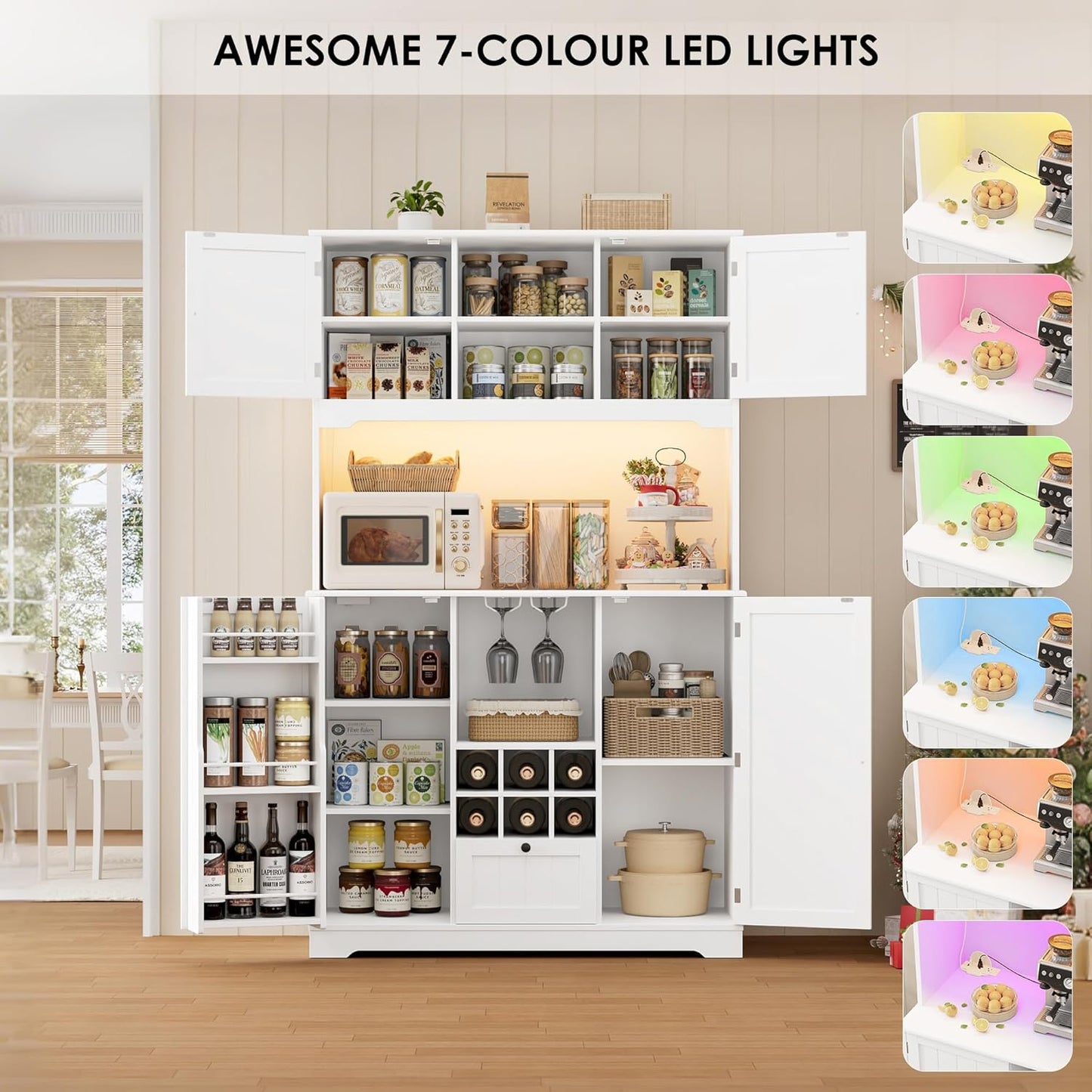 FINETONES 71" Pantry Cabinet with 7-Color LED Light and Charging Station, Kitchen Pantry Cabinet with Microwave Stand, Kitchen Hutch Food Storage Cabinet with Outlet and Wine Racks, White