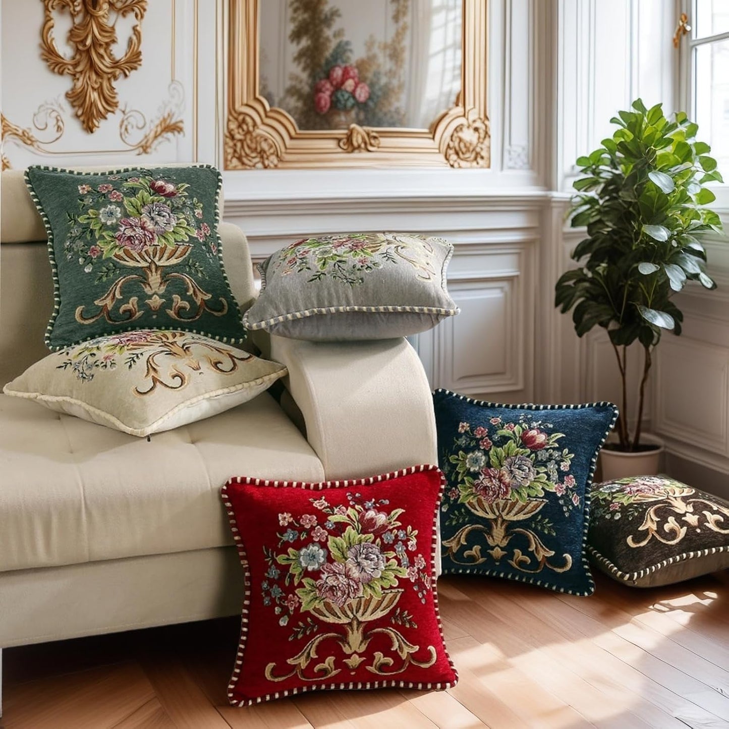 Set of 2 Brown Vintage Embroidered Throw Pillow Covers 18x18in，Floral Embroidered Cushion Cover for Sofa Couch Bed Burgandies Pillow Cover Brown