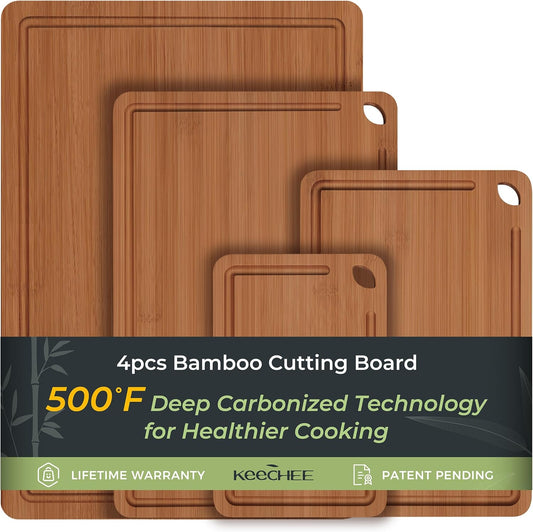 Wood Cutting Board, Carbonized Bamboo Cutting Boards Set With Smooth Surface & Easy Storage For Busy Kitchens, Ideal Charcuterie & Chopping, Durable, Knife-Friendly (4Pcs)