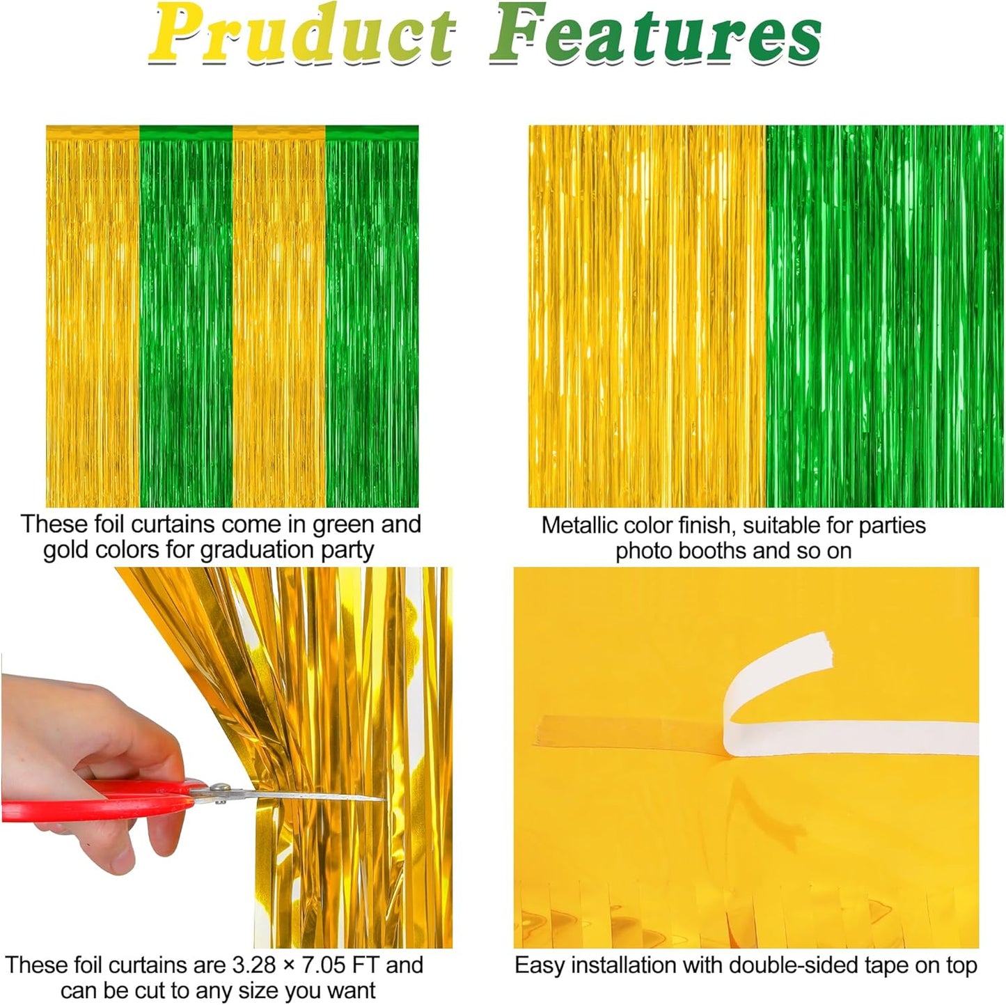 2 Pack Graduation Backdrop, Large Grad Decor 2025, Green Gold Graduation Photo Backdrop Fringe Curtains Party Streamer, Metallic Green and Gold Grad Decorations Class of 2025