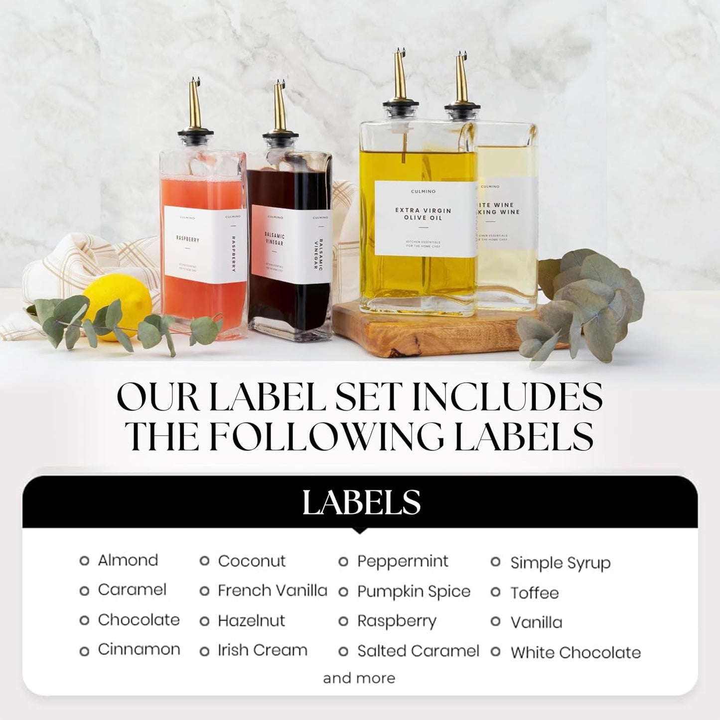 Premium Glass Olive Oil Dispenser Bottle 350ml | Cooking Oil and Vinegar Dispenser | Oil Dispenser for Kitchen with Gold Pourers, Funnel, Brush & 36 Labels (4 Pack)