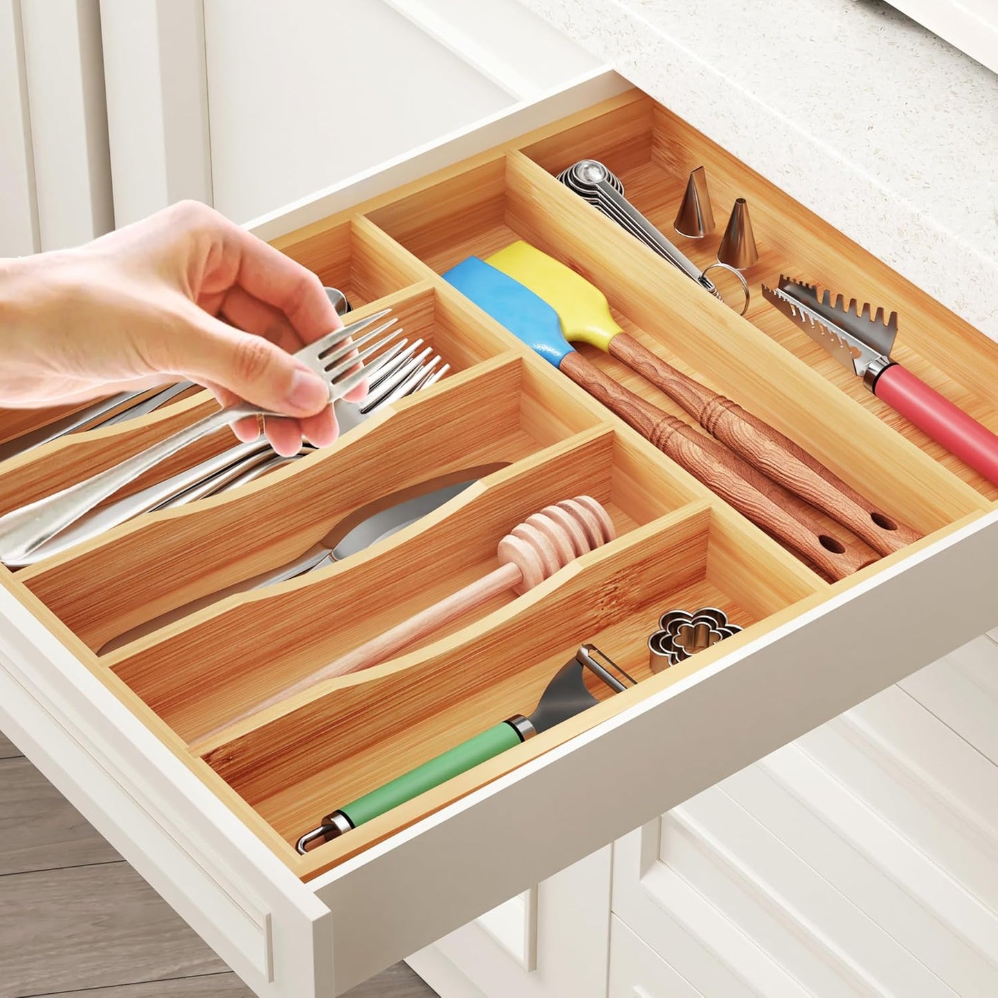 BAMEOS Bamboo Silverware Drawer Organizers, 11.9 inch Utensil Drawer Organizer for Kitchen Drawers, 7 Slots Total Large Flatware Organizer for Knives Cutlery Spoons Forks (Natural)
