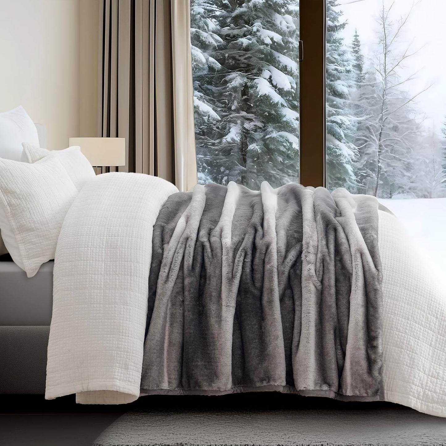 Ultra Soft Luxury Fluffy Mink Faux Fur Throw Blanket, Thick Warm Fall Winter Blankets for Bed, Couch, Cozy Plush Reversible Blanket for Chair, Sofa (Ombré Silver Onyx, 50"x60")