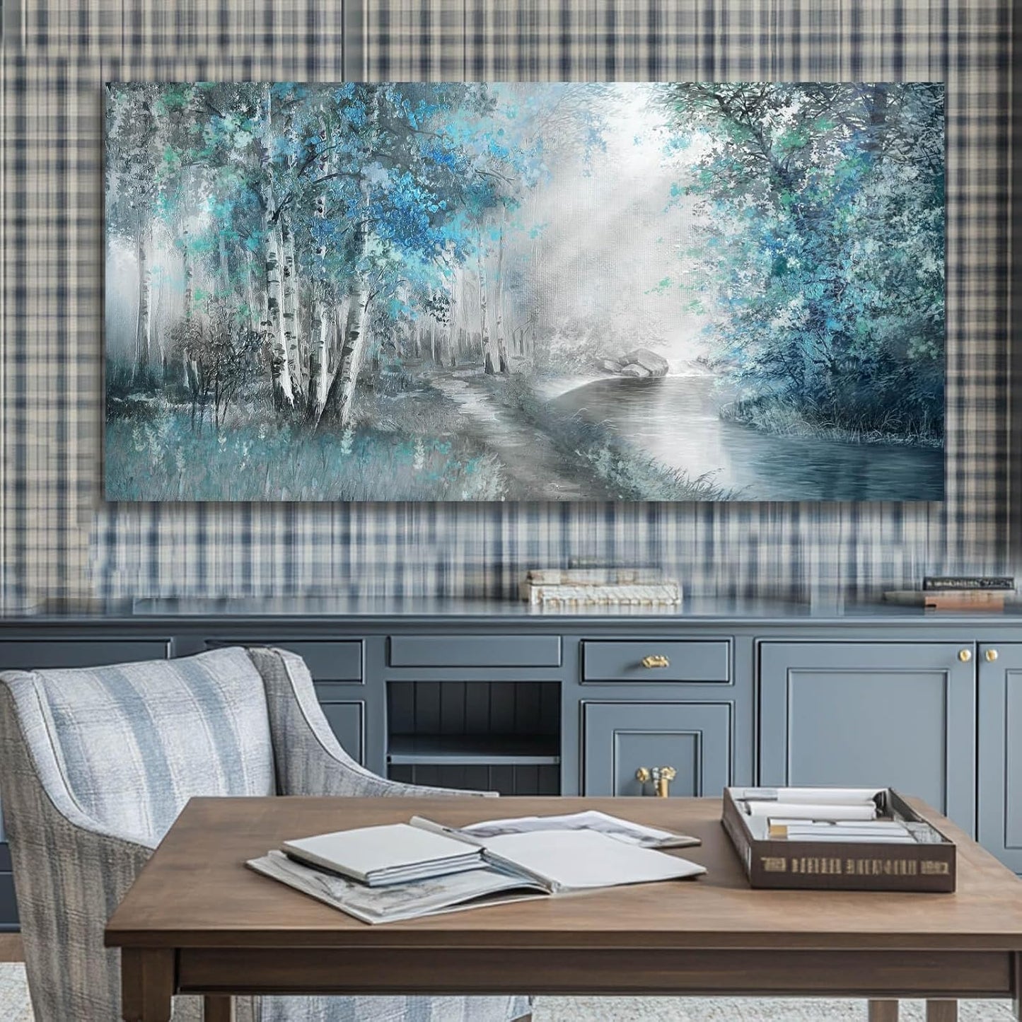 SOUGUAN Landscape Art Posters Blue Pictures Wall Decor Grey Forest Wall Prints Botanical Artwork for Dining Room Bedroom 20"x 40" Contemporary Wall Art