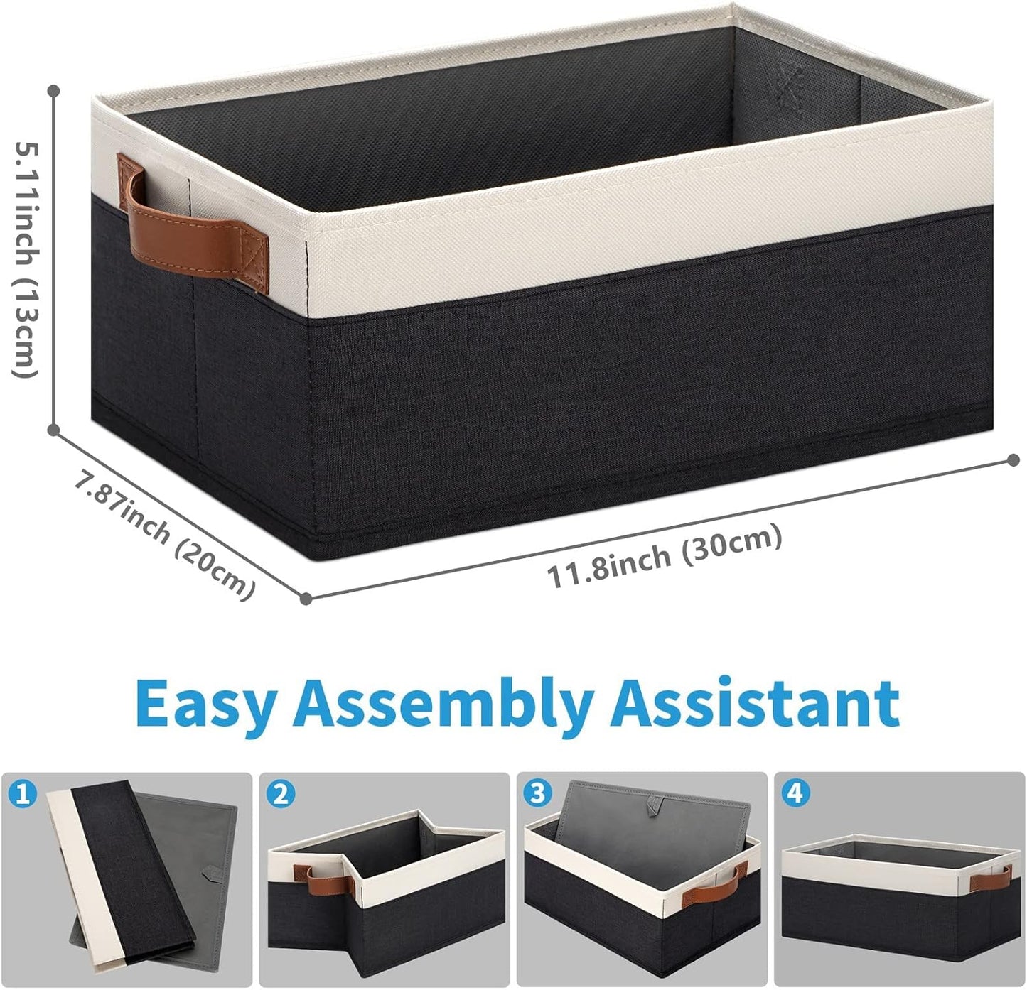 GhvyenntteS Storage Baskets for Shelves 12 Pack, Fabric Storage Bins with Leather Handles, Foldable Rectangular Storage Baskets for Organizing Home, Office (Black/White, 11.8" x 7.87" x 5.11")