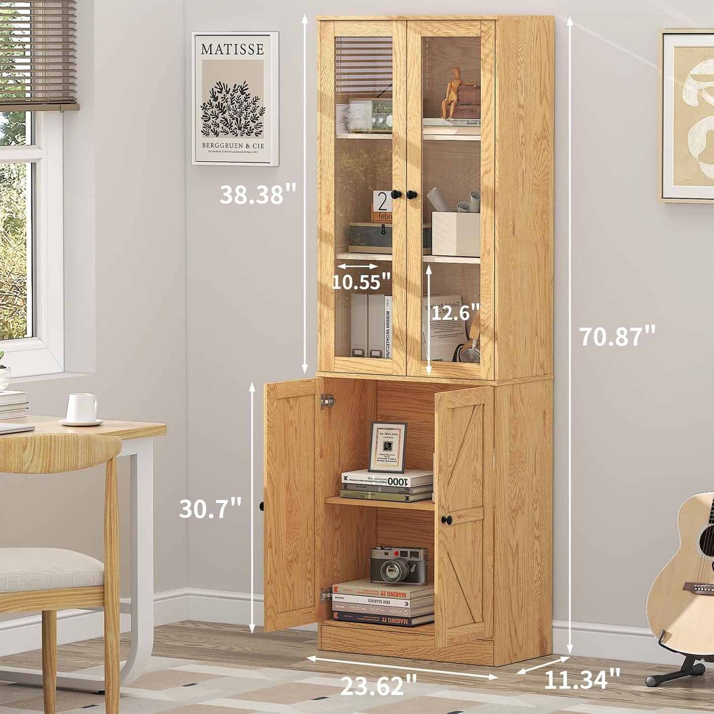 Bookcase with Doors, Tall Cabinets Storage Shelves, 5 Tier Bookshelf with Storage Cabinet, Light Wood Rustic Display Shelf Home Decor Furniture for Office, Living Room, Bedroom, Kitchen, Dining Room
