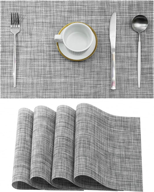 Leetaltree Linen Grey Placemats Set of 4 - Heat Resistant Non-Slip Place mats for Dining Table, Washable Durable PVC Vinyl Woven Table Mats（Linen Grey, 4）