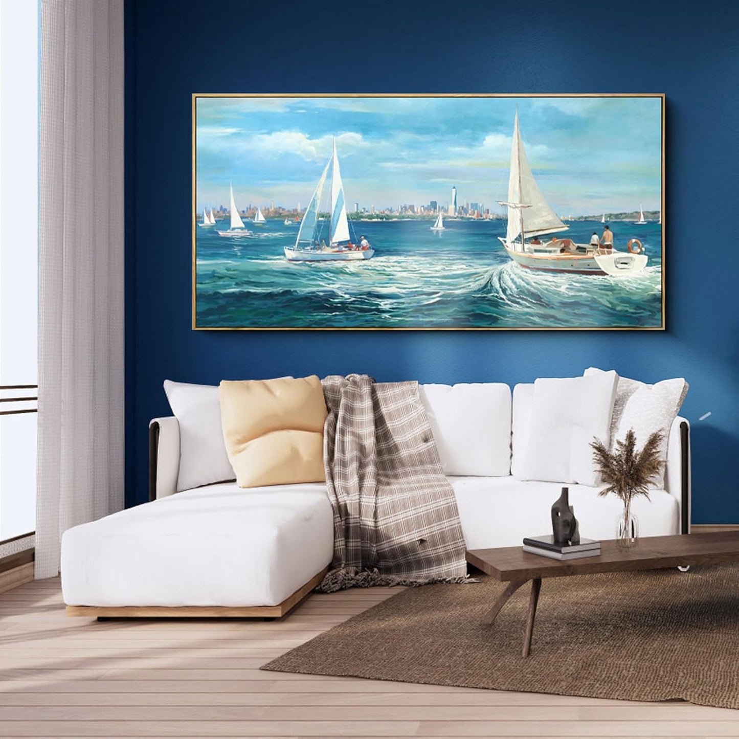 XLSJERST Large Blue Canvas Wall Art Seascape Painting - Landscape Picture Textured Navy Modern Sailboat Ocean Artwork Framed for Living Room Bedroom Bathroom Home Office Wall Decor Large Size 29"x58"