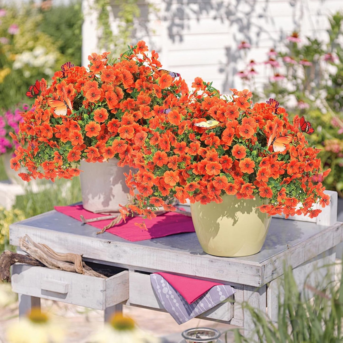 ‌20 Bundles Artificial Flowers for Outdoors‌ with 6 Faux Butterflies, UV Resistant ‌Fake Flowers‌ with Eucalyptus Leaves, ‌Artificial Plants Outdoor‌ for Patio Garden Porch Home Decor (Orange)