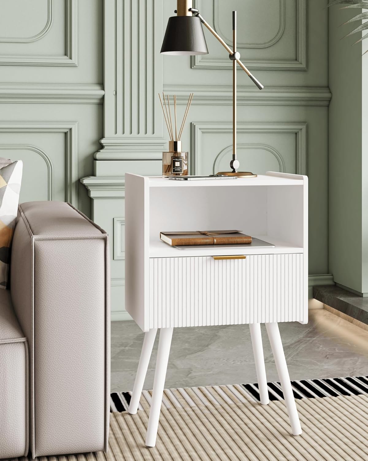 Nightstand,Modern Bedside Table with Storage Drawer and Open Wood Shelf, Accent Night Stand with Solid Wood Legs for Living Room, Bedroom and Small Spaces,Easy Assembly (White)