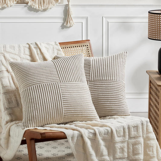 Fancy Homi 2 Packs Neutral Taupe Samll Decorative Throw Pillow Covers 14x14 Inch with for Couch Bed Sofa, Rustic Farmhouse Boho Home Decor, Soft Corss Patchwork Corduroy Square Cushion Case 35x35 cm