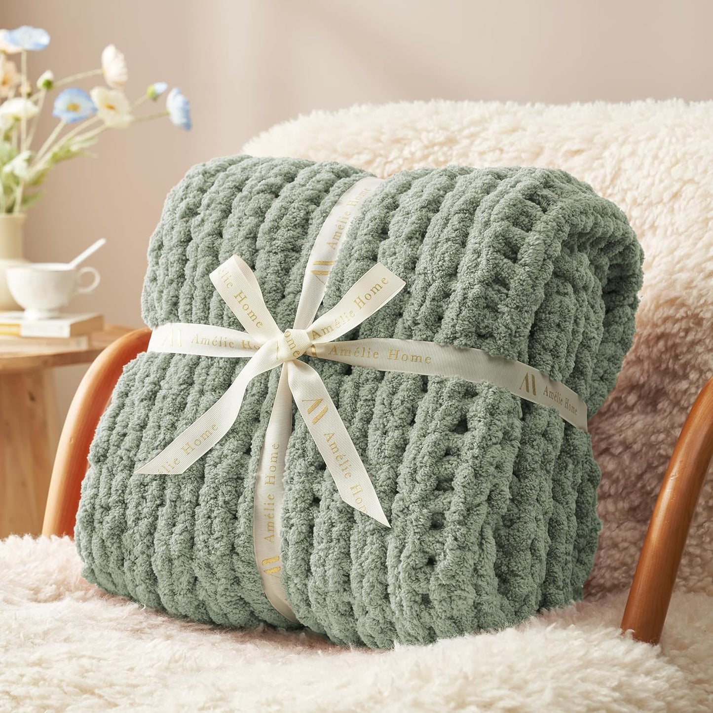 Amélie Home Chunky Knit Throw Blanket for Couch, Soft Chenille Crochet Blanket for Sofa, 50"x60", Sage Green