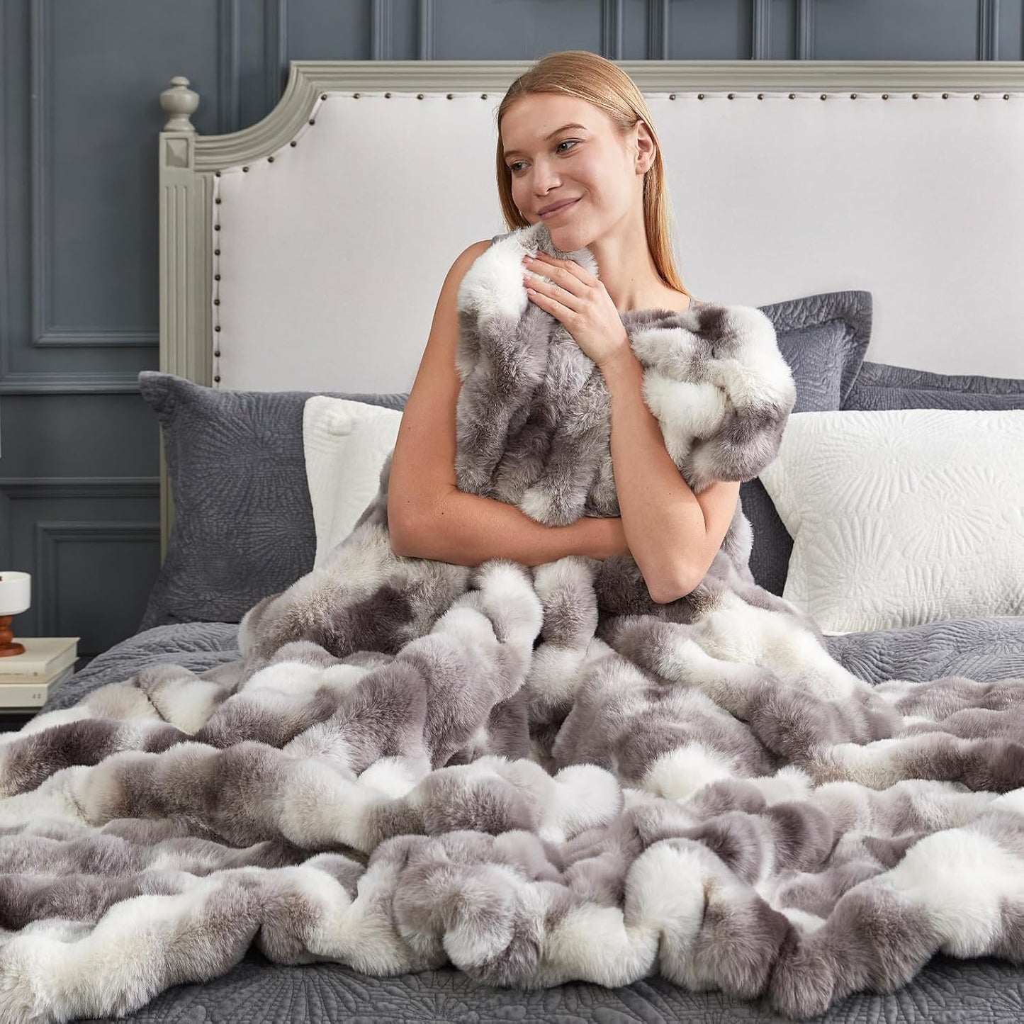 Cozy Bliss Faux Fur Throw Blanket for Couch, Fuzzy Soft Plush Thick Bubble Blanket for Sofa Bedroom Living Room, 50 * 60 Inches Tie-dye Taupe