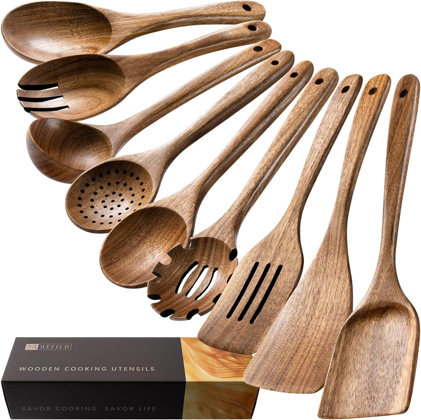 Wooden Spoons for Cooking, Nonstick Cooking Utensil Set with 9 Piece Acacia Wooden Spatulas and Spoons for Cooking, Terrific for Everyday Kitchen Tasks