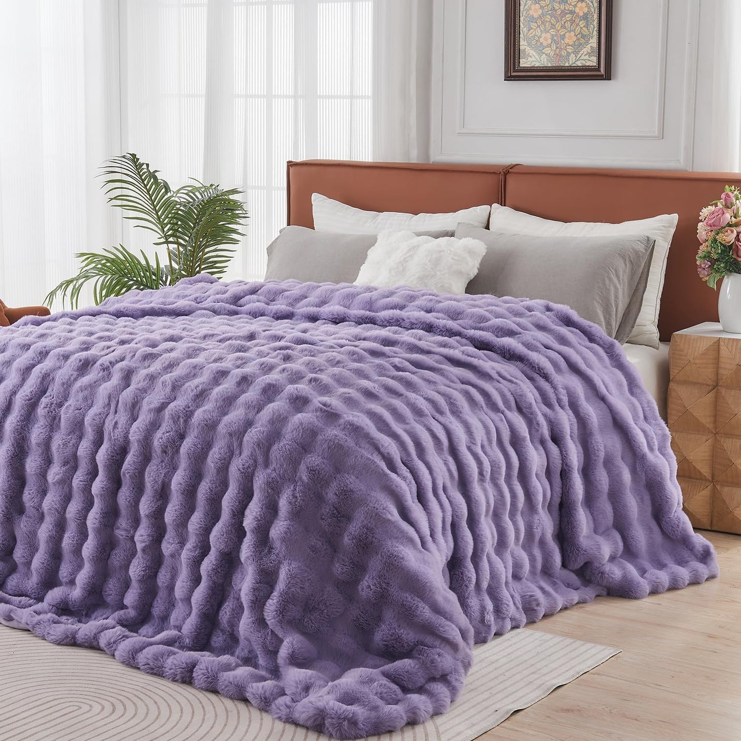 Lotus Karen Faux Fur Throw Blanket Purple - Big Bubble Rabbit Fluff Blanket for Couch Bed Sofa,Softest Fluffy Fuzzy Cozy Blanket,Thick Furry Plush Shaggy Warm Blankets for Women,90x90 Inches