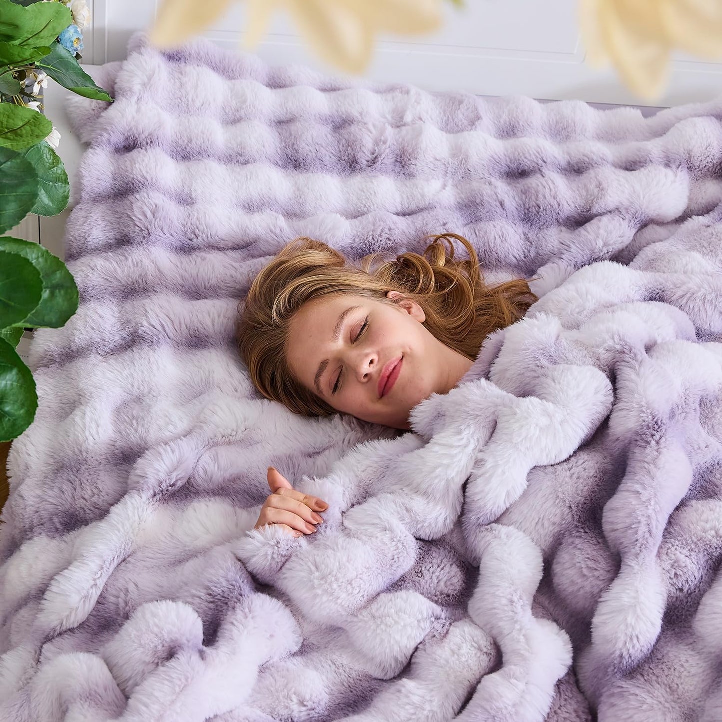 Lotus Karen Faux Fur Throw Blanket Tie-Dye Purple - Big Bubble Rabbit Fluff Blanket for Couch, Large Fluffy Fuzzy Cozy Blanket,Thick Furry Plush Shaggy Blankets,90x90 Inches