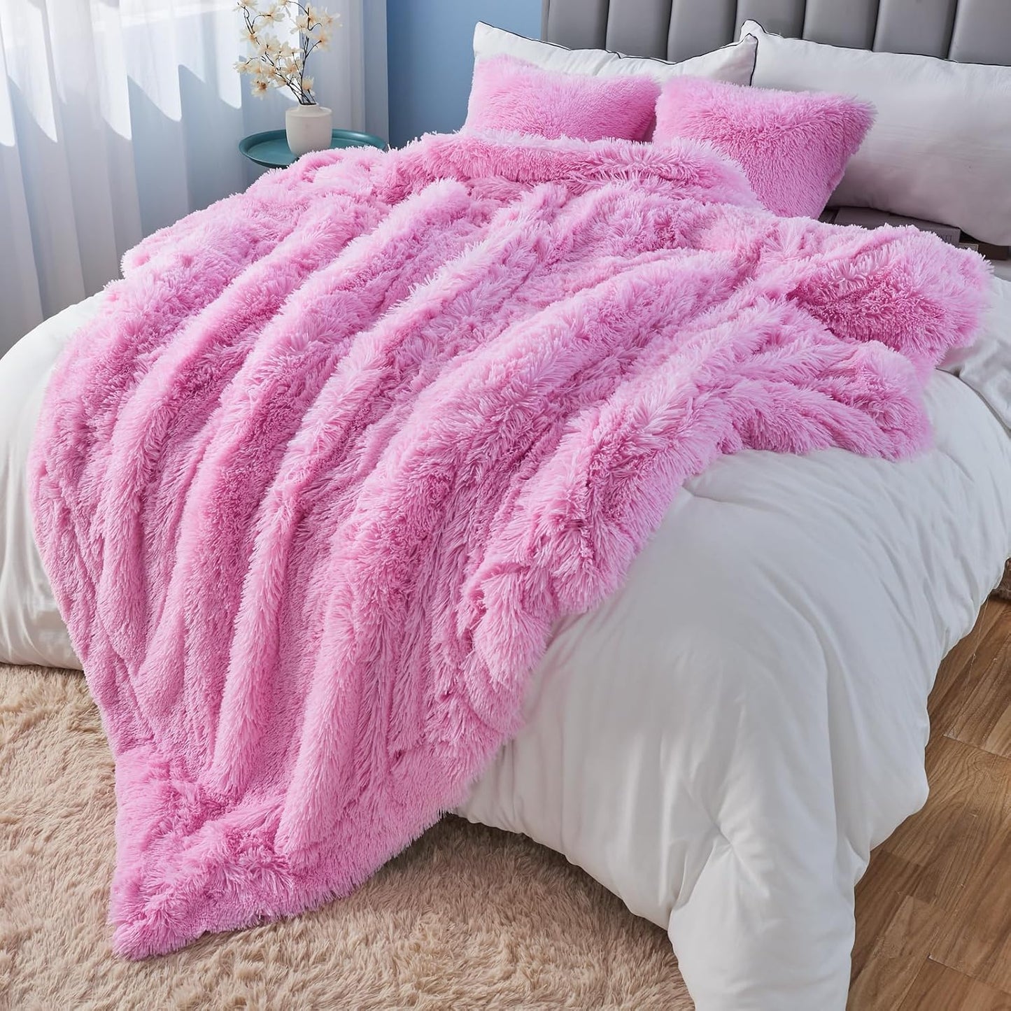GONAAP Fuzzy Faux Fur Throw Blanket Queen Size Light Pink Super Soft Cozy Plush Fuzzy Shaggy Blanket for Couch Sofa Bed (Light Pink, Queen(90"x90"))