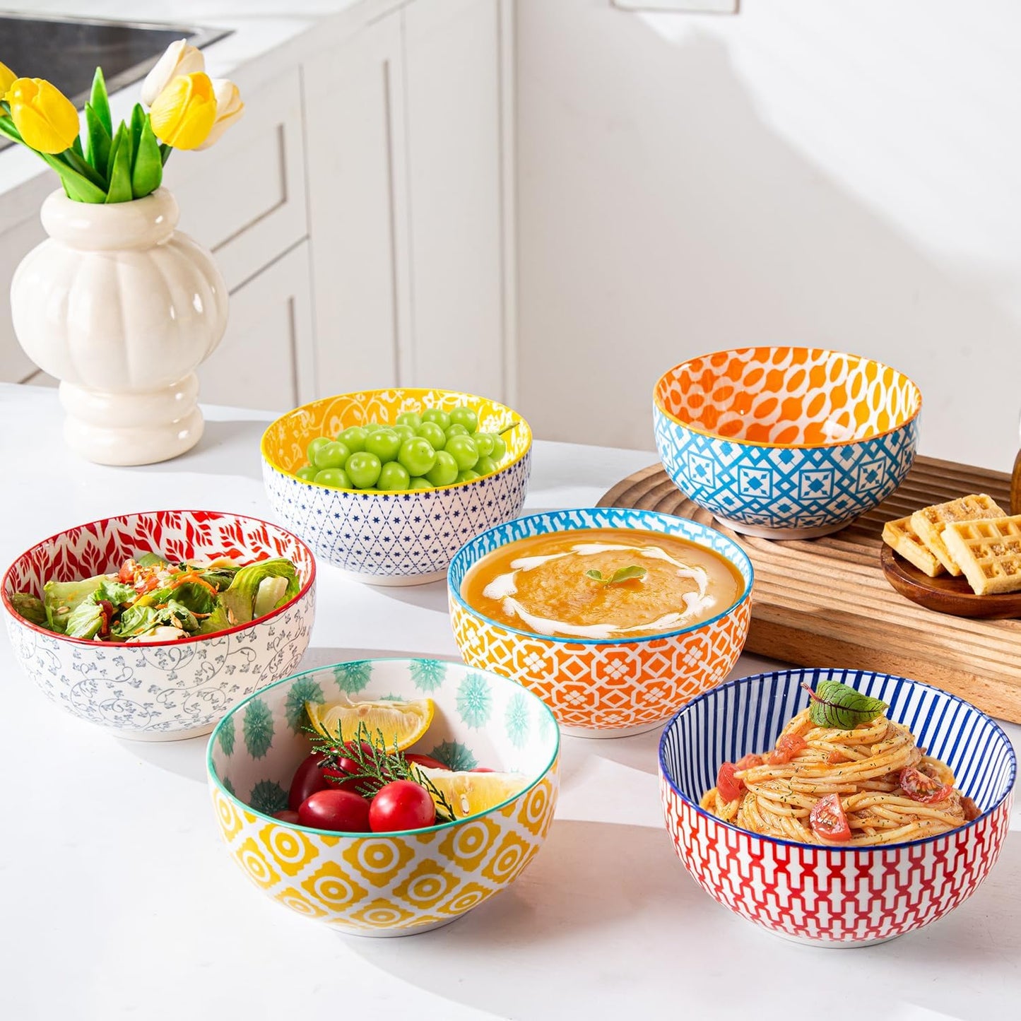 Ceramic Soup Bowls Set - 23 Oz Deep Cereal Bowl for kitchen - 6 Inch Porcelain Salad Bowl for Pasta, Dessert, Ramen - Microwave Dishwasher Safe - Set of 6 - Assorted Colors