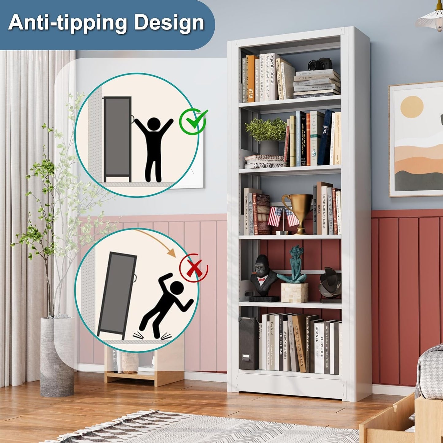 Skinny Bookshelf, 5-Tier Narrow Bookcase, 69” Tall Slim Book Shelf, Heavy Duty Book Case with Adjustable Shelves, Corner Thin Book Shelf for Heavy Books, Office, Home, Library (White)