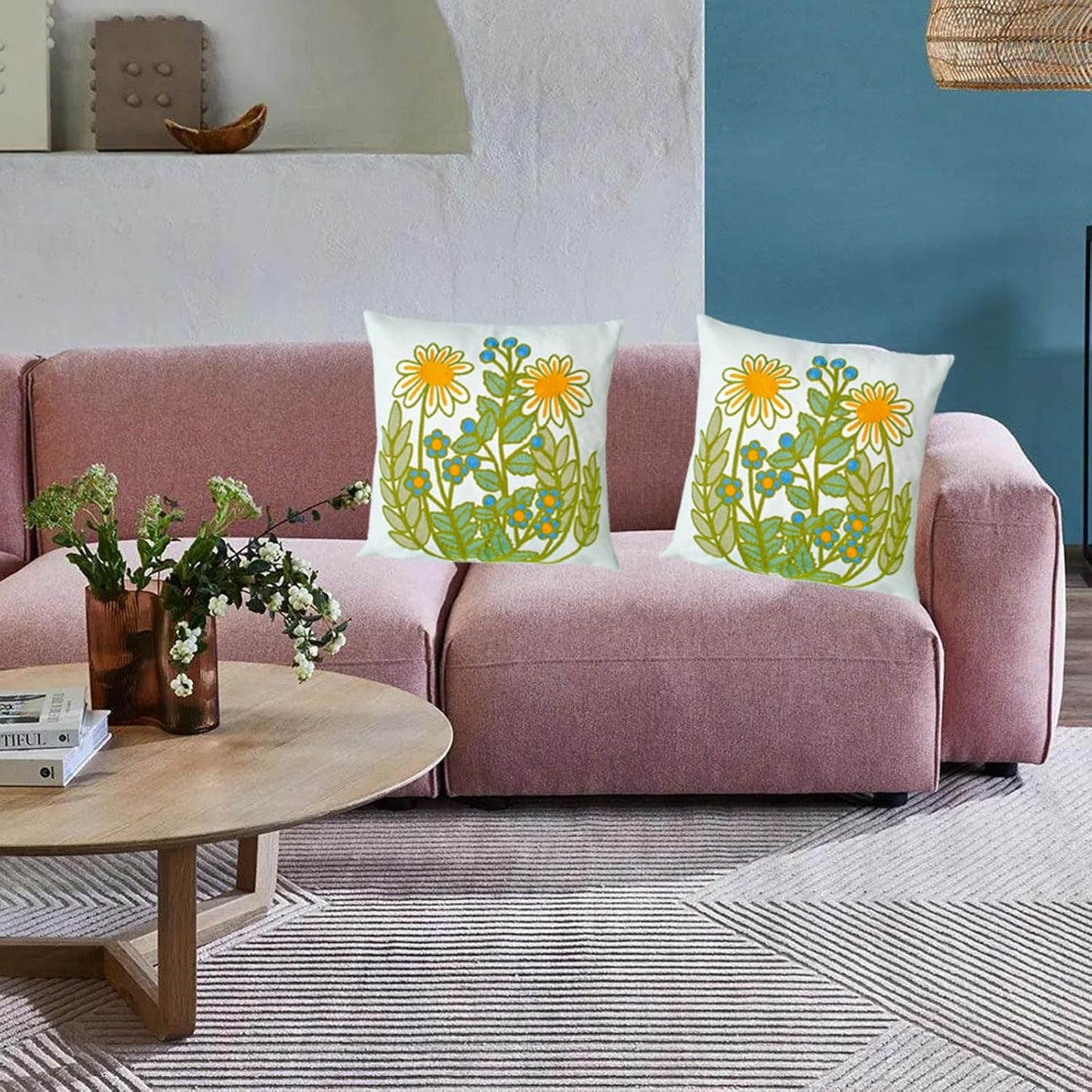 Embroidered Decorative Throw Pillow Cover, 18"x18" Set of 2, Farmhouse Pillowcase Daisy Knit Pattern Cotton Canvas Cushion Case Square Floral Pillow Case for Sofa Couch Bed Living Room…