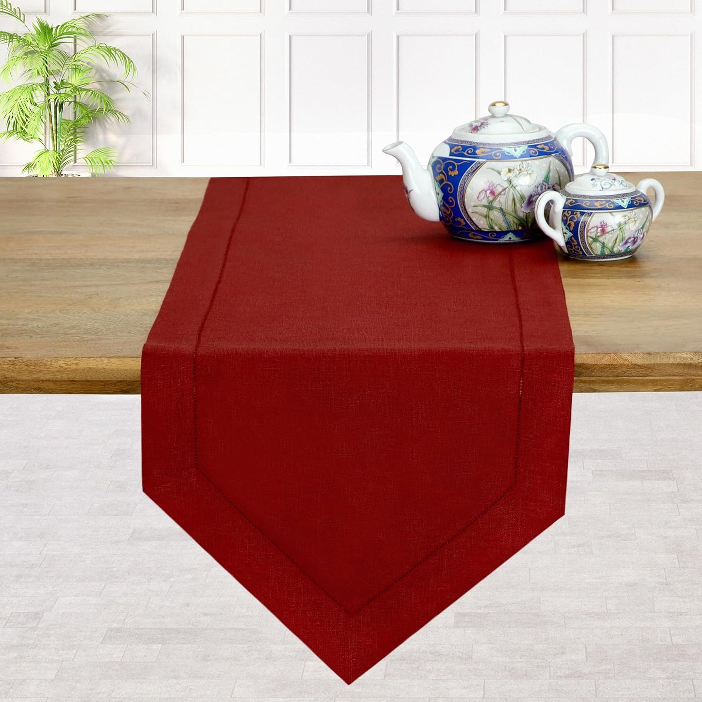 D'Moksha Homes Red Linen Table Runner 108 Inches Long - 100% Pure Linen Diamond Table Runner 14 x 108 Inch for Dining, Fall and Halloween - Machine Washable
