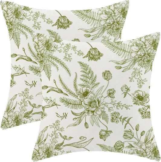 CXMEIFLY Sage Green Spring Pillow Covers 24 x 24 Inch Set of 2 for Chinoiserie Flowers Decor Throw Pillows Floral Leaves Seasonal Plant Outdoor Decorative Cushion Cases for Couch Bed Decorations