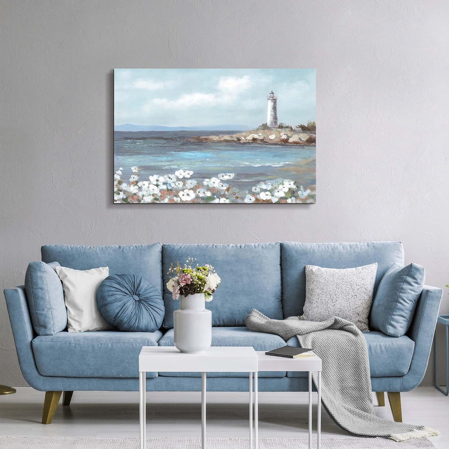 cozy country Lighthouse Wall Art 45"x30" - Coastal Pictures Beach Canvas Ocean Decor - Nautical Artwork Seascape Hand Painting for Living Room, Bedroom, Sea House