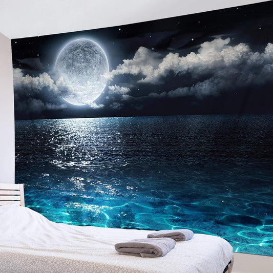 LB Moon Ocean Tapestry - Watercolor Blue Ocean and White Cloud Extra Large Wall Tapestry for Bedroom Starry Night Sky Wall Art for Bedroom Living Room Dorm Decor - 92.5Wx70.9H inches