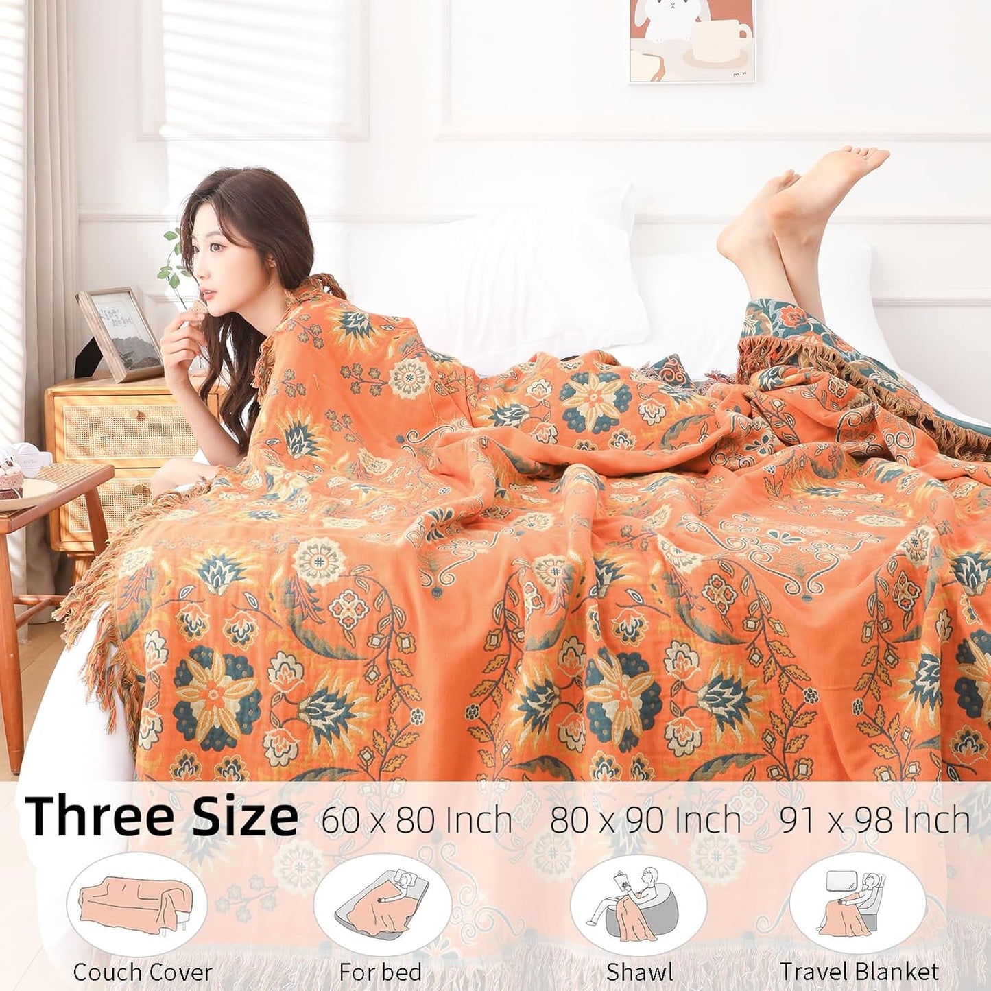 Boho Throw Blanket for Bed - 100% Pure Cotton Ultra Soft Rustic Quilt - Farmhouse Decor Bed Blankets, All Season Rustic Throw for Sofa Couch Chair(80''x 90'', Boho)