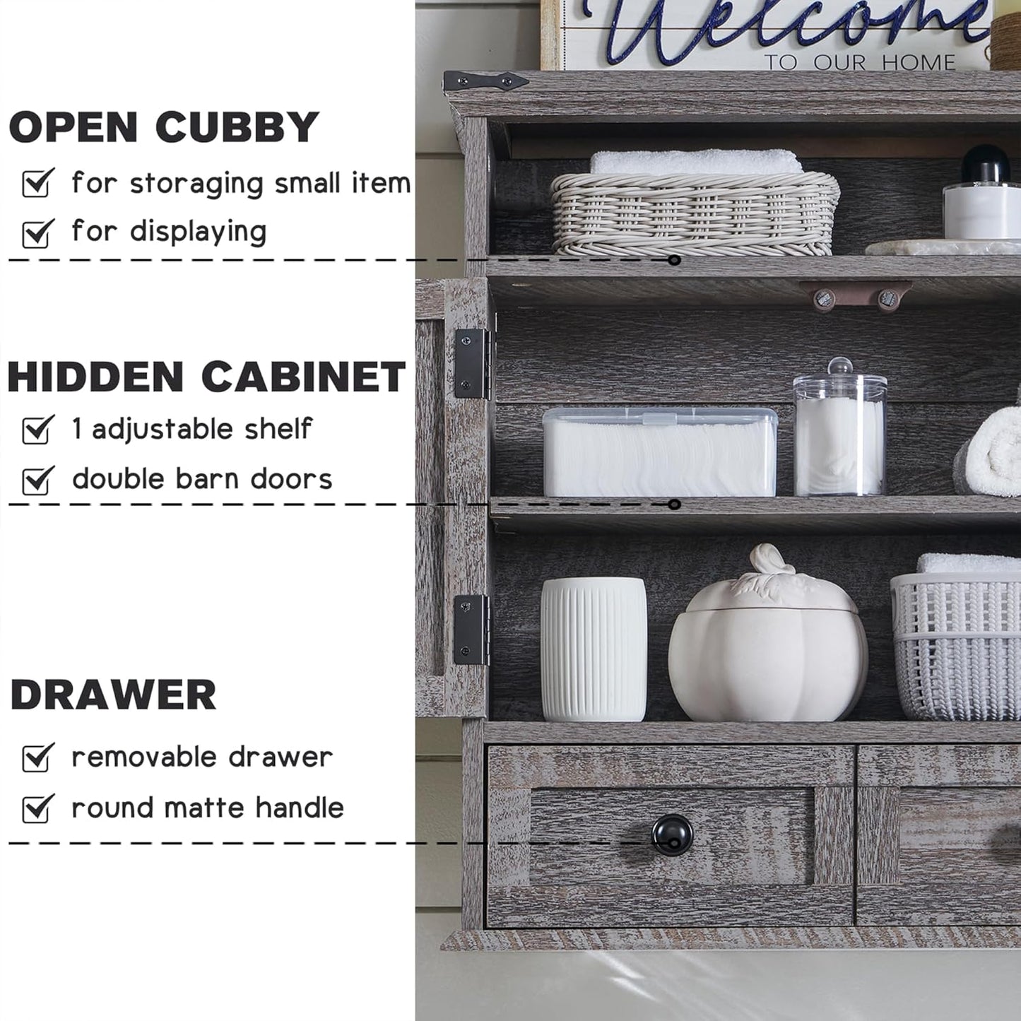 Bathroom Wall Cabinet, Farmhouse Medicine Cabinet, 24" Wide Cabinet with Drawer, Adjustable Shelf, Double Barn Doors, Storage Cabinet for Bathroom, Kitchen, Living Room, Grey Wash