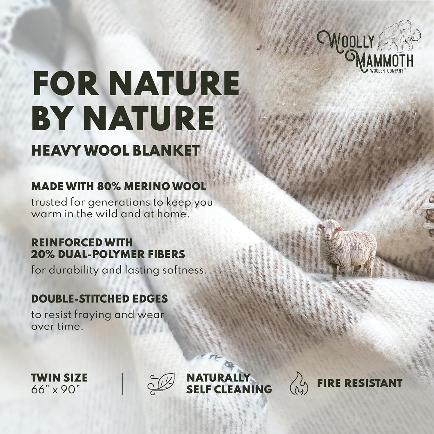 Woolly Mammoth Woolen Company Merino Wool Camping Blanket - 66 x 90 in Navy & Cream Stripe Twin Farmhouse Style - Heavy Insulating Outdoor Throw & Wool Blanket for Home & Travel