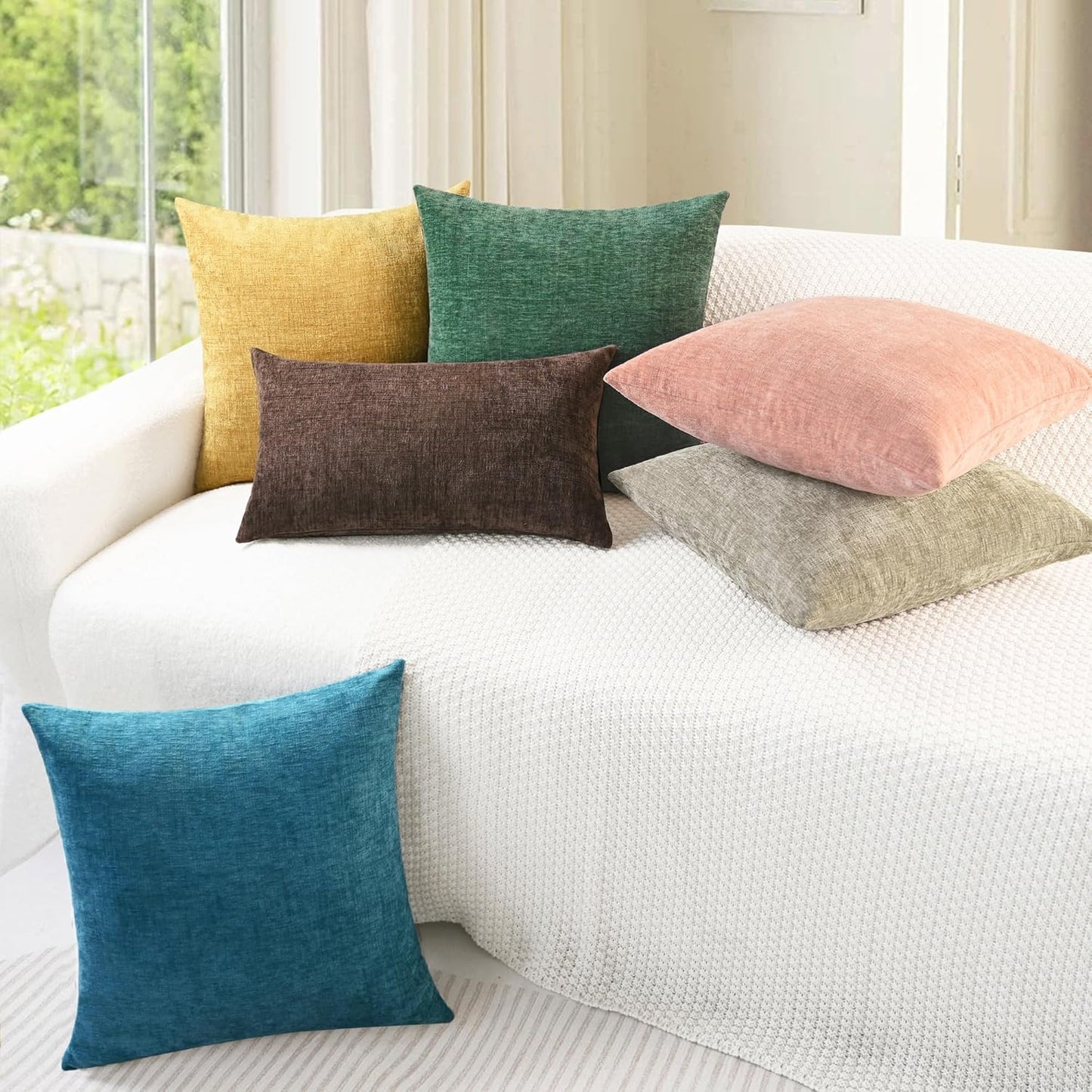 CaliTime Throw Pillow Covers Decorative 16 X 26 Inches Pack of 2 Cozy Chenille Cushion Cases for Couch Sofa Bed Living Room Home Ocean Blue