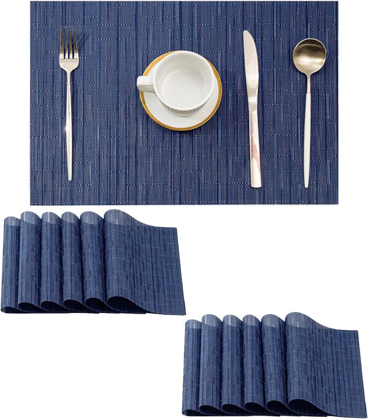 Leetaltree Blue Placemats Set of 12 - Heat Resistant Non-Slip Place mats for Dining Table, Washable Durable PVC Vinyl Woven Table Mats（Blue, 12）