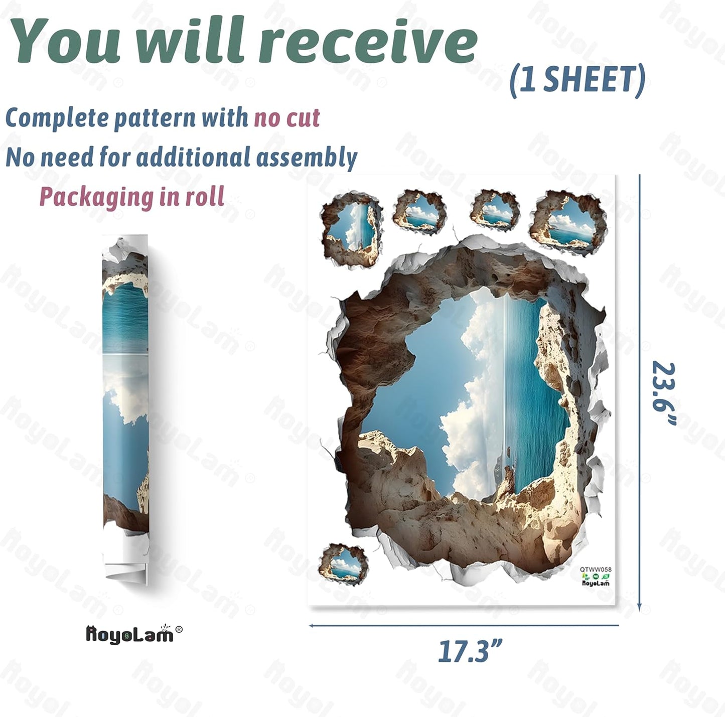 Cave by The Sea Wall Stickers for Living Room Large 3D Broken Wall Wall Decals Removable Peel and Stick Wall Art Home Decor Decoration for Bedroom Bathroom Classroom Library