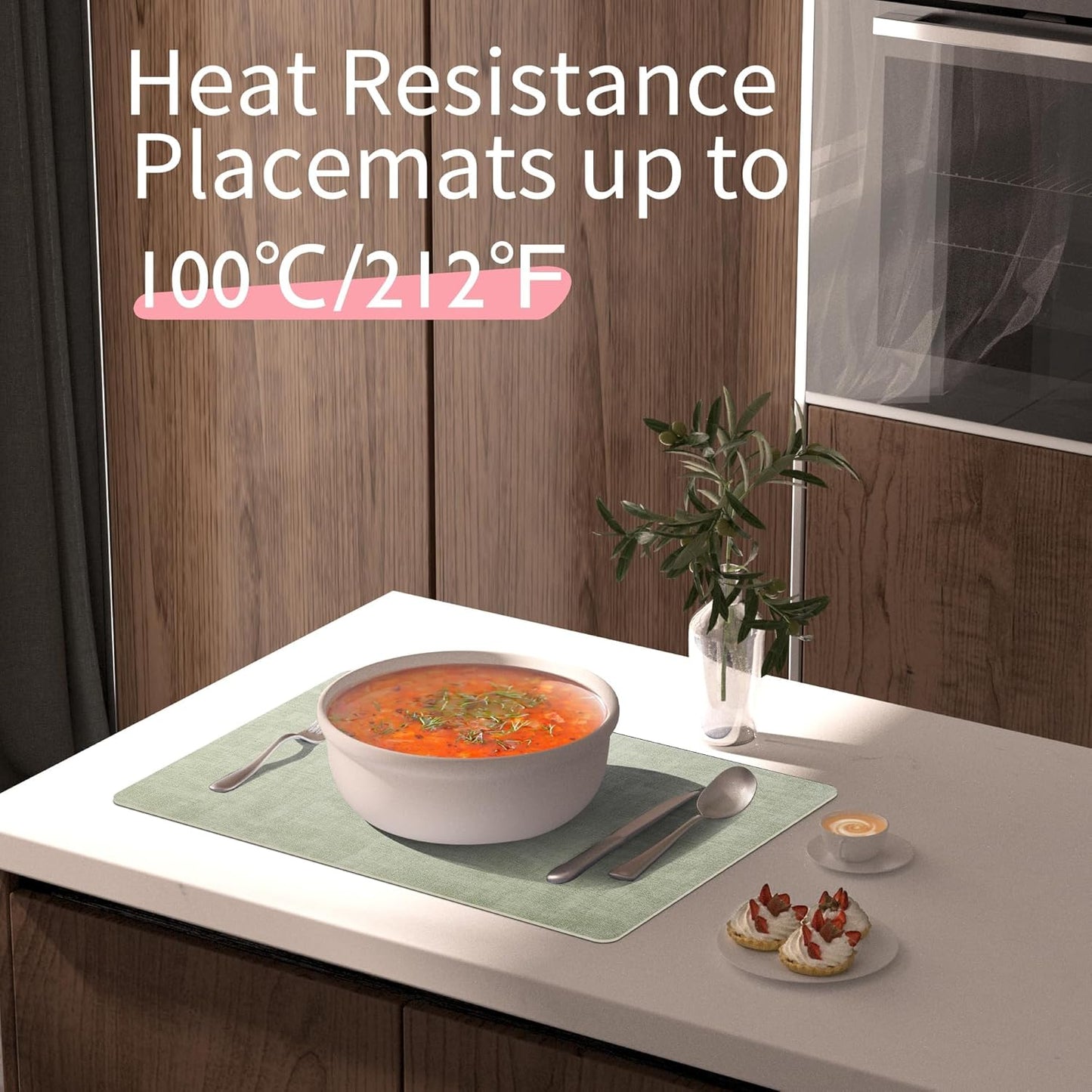 Maxpearl Faux Leather Placemats Set of 8 – Waterproof, Wipe Clean, Heat Resistant, Non-Slip Dining Table Mats for Indoor & Outdoor Use, 17”×12”, Sage Green