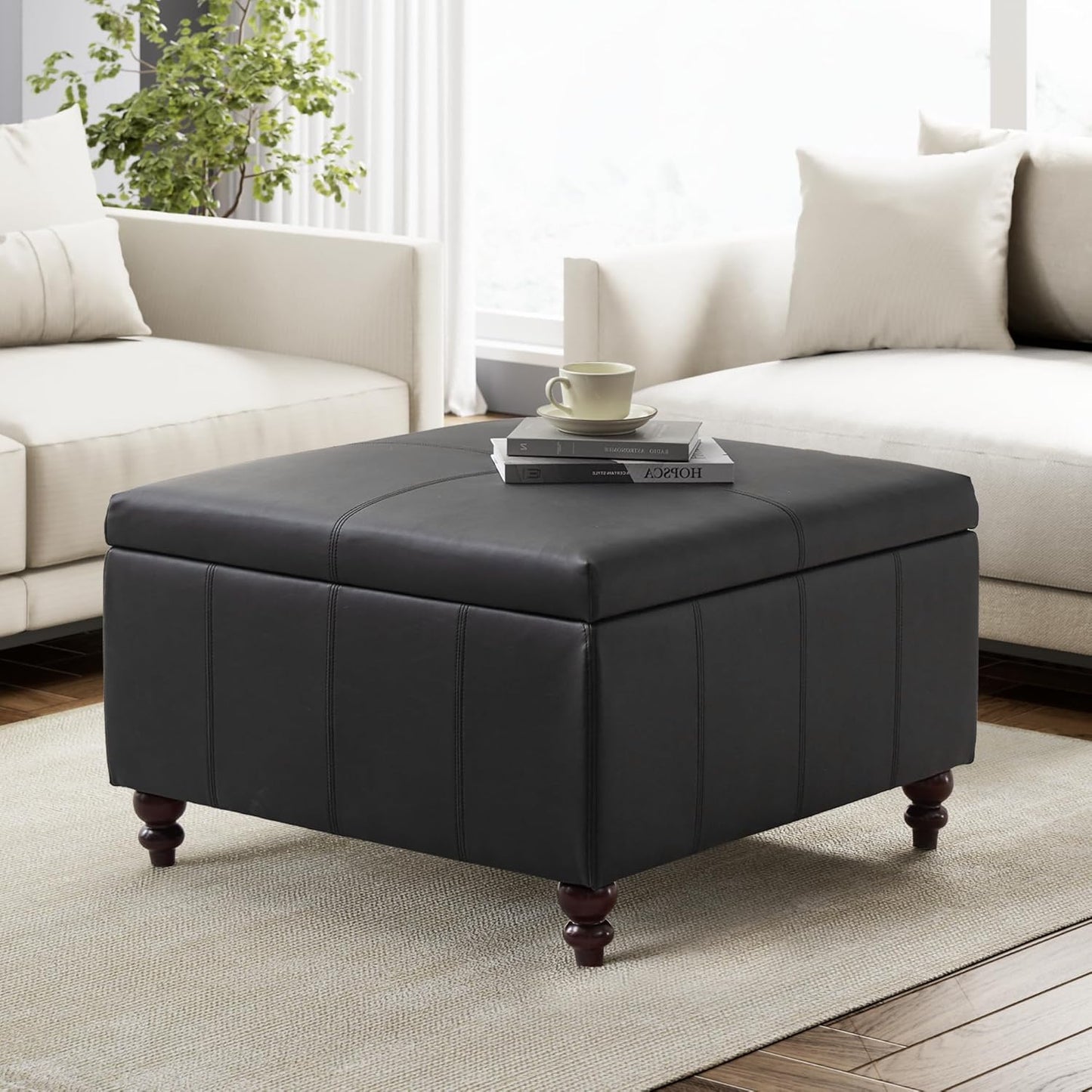 HUIMO Square Leather Storage Ottoman, Black Tufted Large Ottoman for Living Room, Coffee Table with Storage(Black)