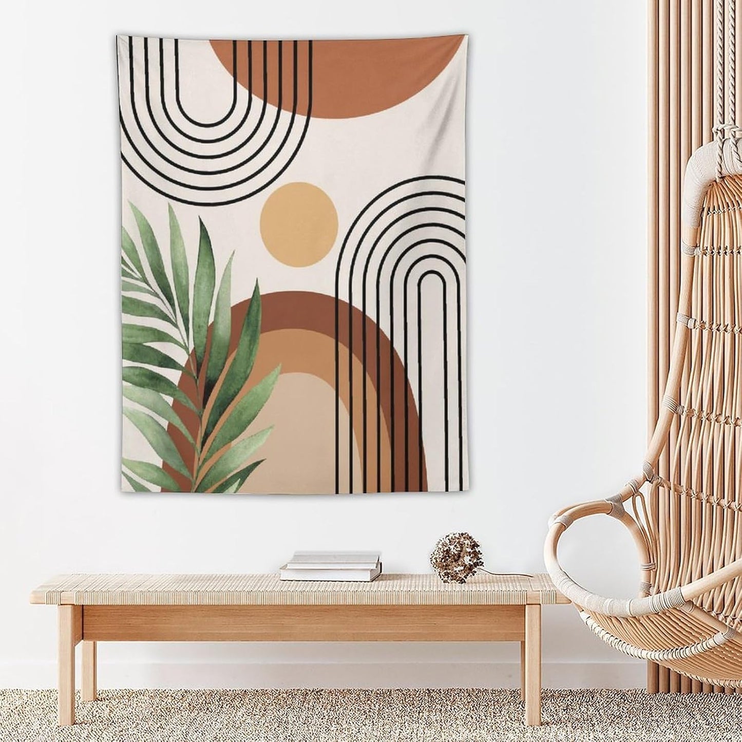 Abstract Bohemian Mid Century Tapestry, Tropical Leaves Modern Geometric Archway Minimalist Bohemian Botanical Aesthetic Wall Hanging, Sage Green Gold Home Decor Art for Bedroom 50x60 Inch