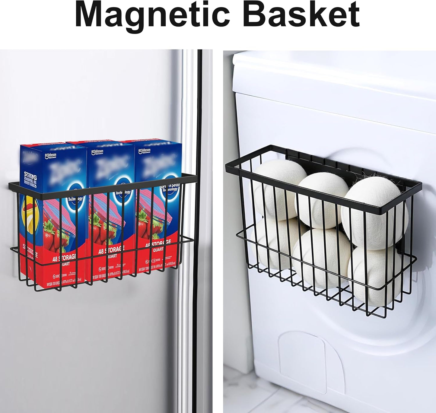 Magnetic Basket for Fridge, Magnetic Basket, Foil and Plastic Wrap Organizer with 4 Caddy Adhesive Stickers, Cabinet Storage Basket for Kitchen Wrap Food Bag Storage, Black, 2 Pack