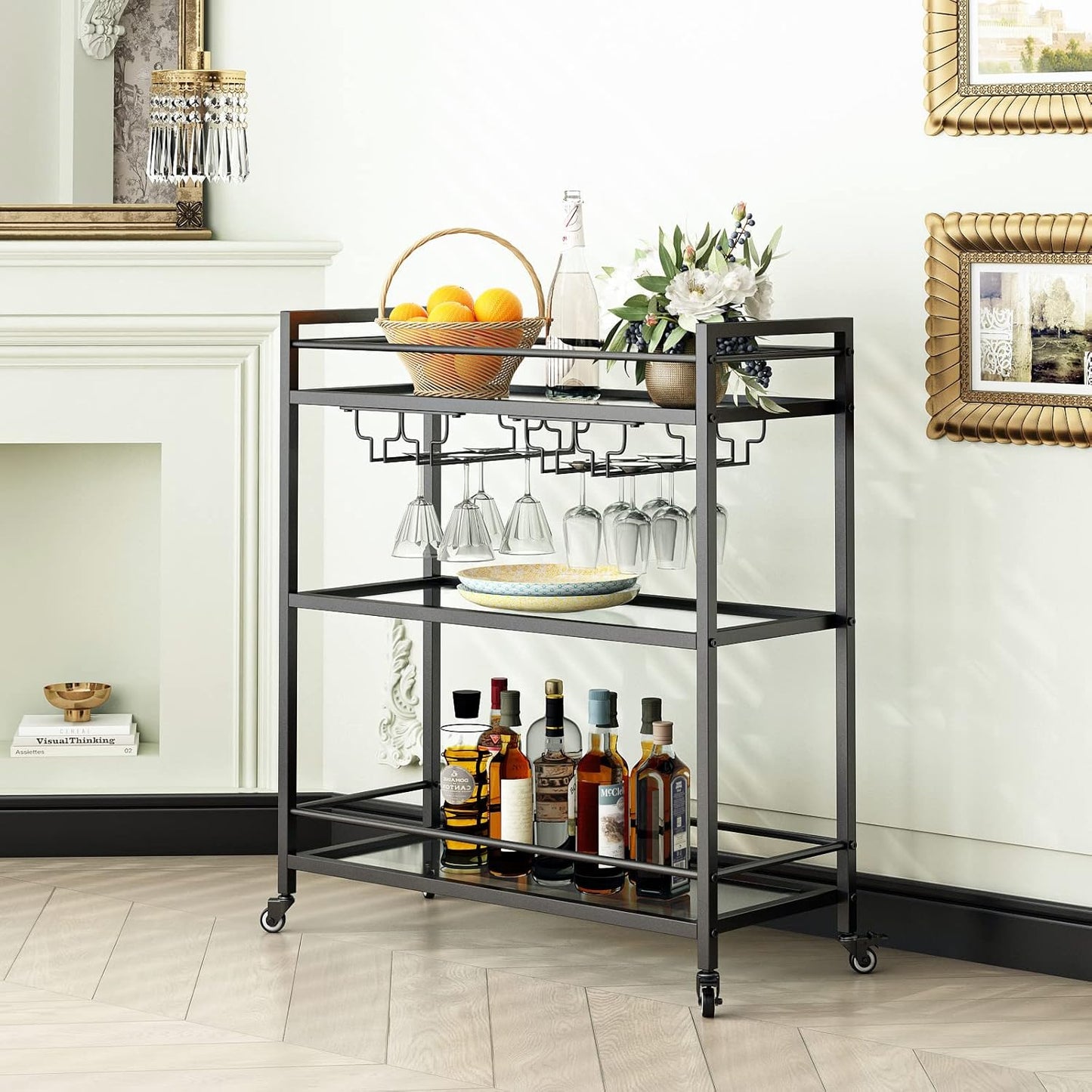 Glass Black Bar Carts for Home with Hanging Wine Rack - Home Bar Serving Cart with 3 Mirrored Shelves, Kitchen Bar Carts, Wine Cart for Entertaining, Club Party.