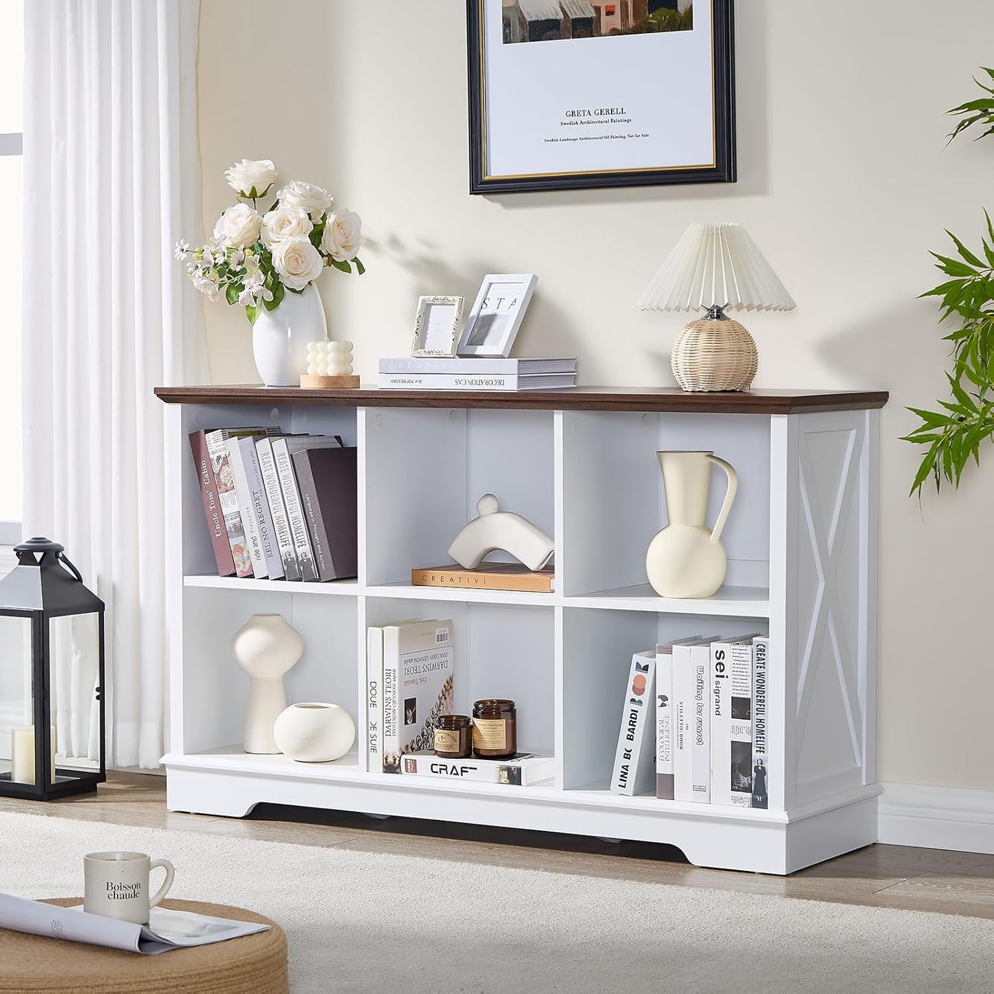 Farmhouse 6 Cube Bookshelf, White Storage Organizer Bookcase, Kids Toy Storage Cabinet, Long Bookshelves Storage Organizer Shelf, Wood Display Cabinet Book Shelves for Bedroom,Living Room,Office