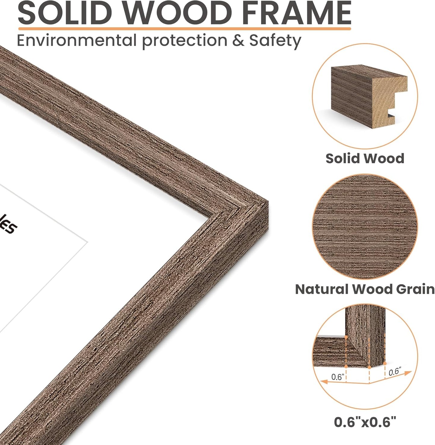 upsimples 11x14 Picture Frame, Natural Solid Wooden Picture Frames, Display 8x10 with Mat or 11 x 14 Without, Vertical or Horizontal Wall Hanging, 1 Pack, Brown
