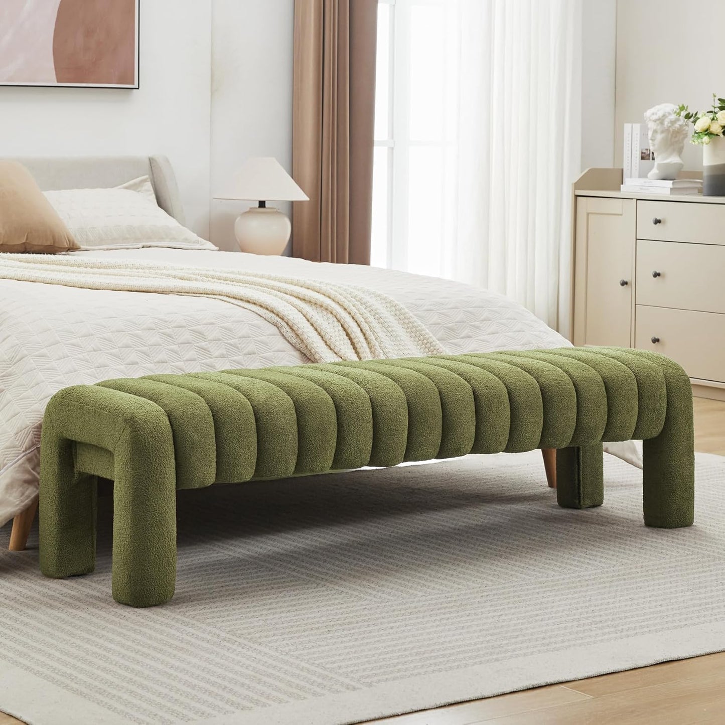 63" Bedroom Bench, Upholstered Entryway Bench, Modern End of Bed Ottoman with Solid Wood Legs and Adjustable Foot Pegs for Entryway, Dining Room and Living Room, 440lbs (Green Boucle)
