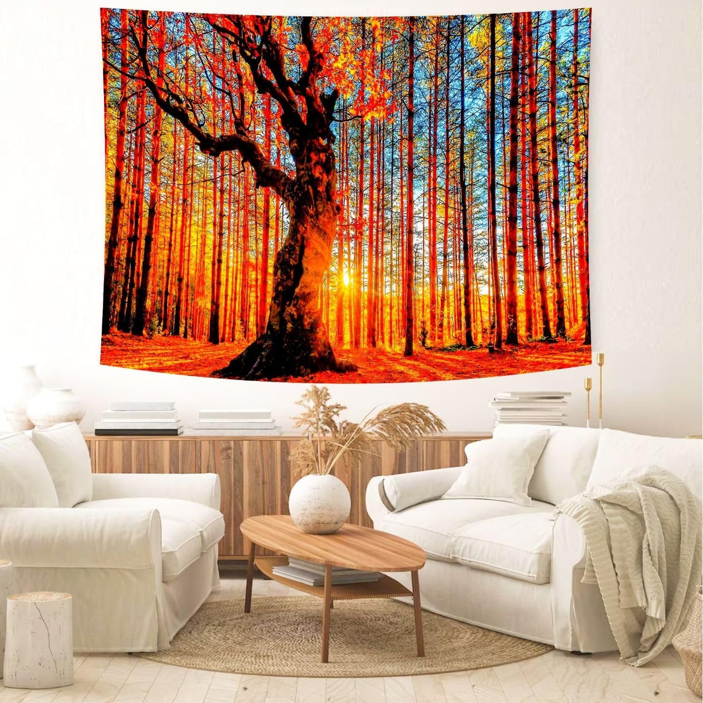 Delur Sunset Forest Tapestry Tree of Life Tropical Rainforest Landscape Tapestry Wall Hanging Scenic Nature Woodland Natural Sunrise Headboard for Bedroom Living Room Home Decor (51.2" x 59.1")